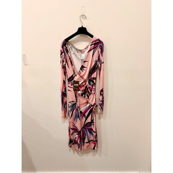 Emilio Pucci Tropical Print Long Sleeve Surplice V-Neck Midi Sheath Dress Pink 8 - Picture 2 of 5